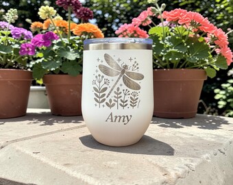 Personalized Dragonfly Wine Tumbler, Nature Gift for Her, Garden Lover Gift