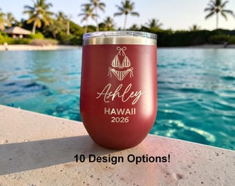 Vaso de vino para la playa, vaso para viaje de chicas, vaso de vino para vacaciones, vaso de playa personalizado de 355 ml, despedida de soltera.
