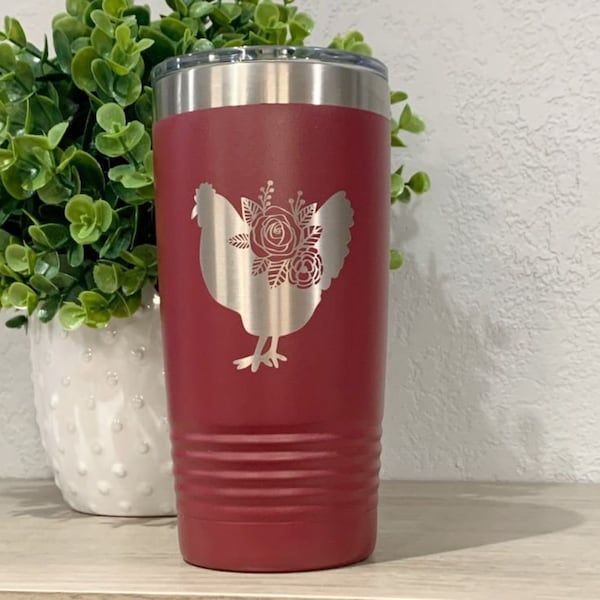 Vaso térmico con grabado de gallina, taza de viaje floral con diseño de gallina, 591 ml (20 oz), regalo para mujer con temática de gallinas, taza para amantes de las gallinas, taza de café con temática de granja.