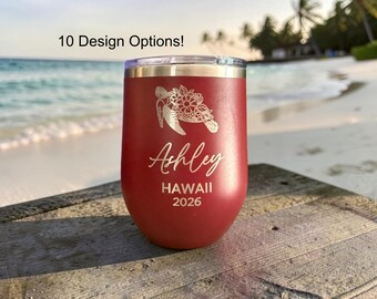 Vaso de vino con diseño floral de tortuga, vaso para viaje de chicas, vaso de vino para vacaciones, vaso de playa personalizado de 355 ml, despedida de soltera.