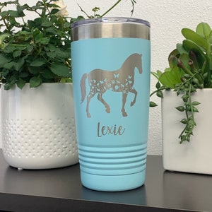 Engraved Horse Tumbler, Personalized 20oz Flower Butterfly Horse Travel Mug, Horse Gift For Woman, Cowgirl Equestrian Cup, Rodeo Tumbler