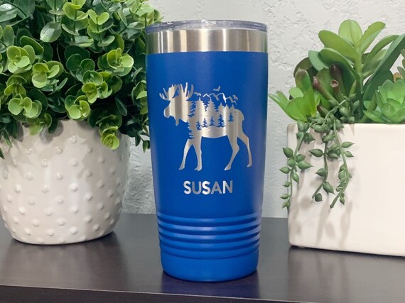 Engraved Moose Tumbler Personalized, Outdoor Tumbler With Wildlife Mountain Trees, Nature Travel Cup 20oz 30oz, Dad Outdoor Gift Moose Lover