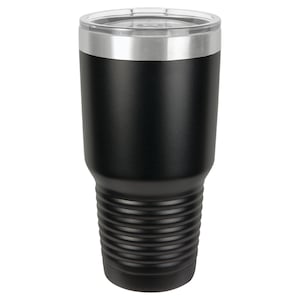 May include: A black stainless steel tumbler with a silver lid. The tumbler has a textured, ribbed design on the bottom half.