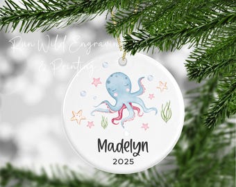 Octopus Ornament For Kids Personalized, Sea Life Ocean Ornament, Starfish Sea Theme Nautical Baby Gift, Baby Girl First Christmas Ornament