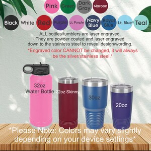 May include: Image features a variety of insulated tumblers and water bottles in different colors, including pink, maroon, and navy blue. Sizes range from 20oz to 32oz. The text on the image says "Run Wild Engraving" and describes the engraving process.