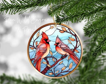 Adorno de dos cardenales, pérdida de un ser querido, duelo en memoria de una persona, decoración navideña, imitación de vitral con pájaro rojo, porcelana impresa con UV.