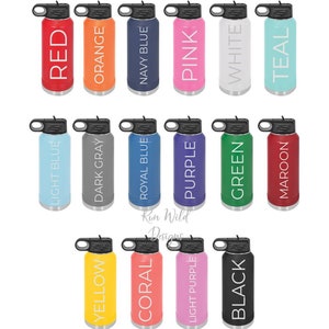 May include: A set of 18 stainless steel water bottles with various colors, including red, orange, navy blue, pink, white, teal, light blue, dark gray, royal blue, purple, green, maroon, yellow, coral, and light purple. The bottles have a black lid with a carrying handle.
