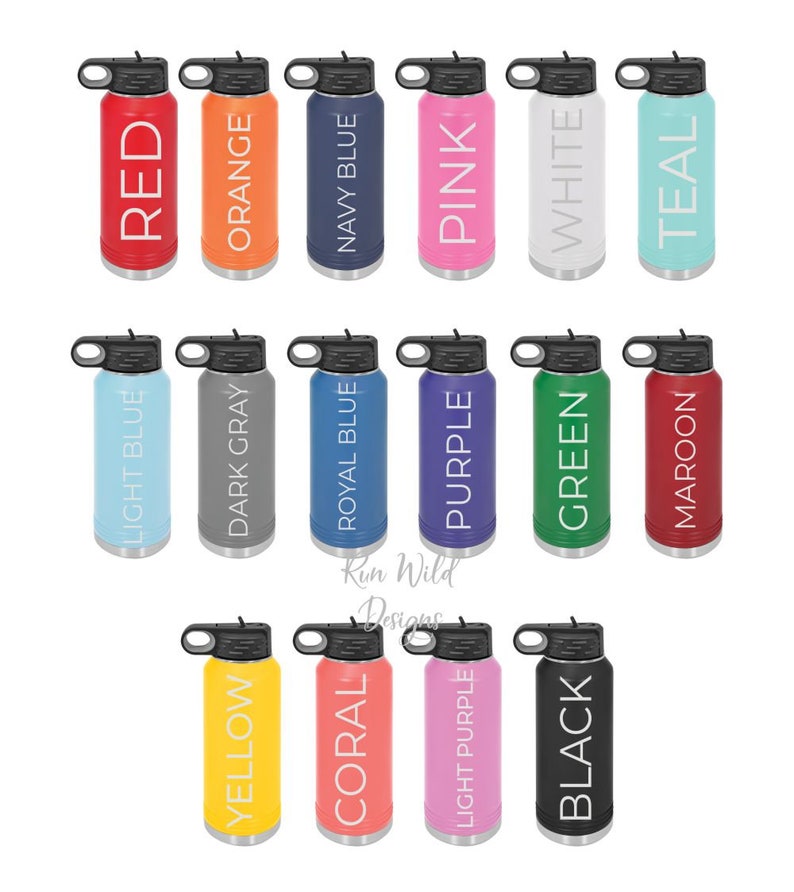 May include: A set of 18 stainless steel water bottles with various colors, including red, orange, navy blue, pink, white, teal, light blue, dark gray, royal blue, purple, green, maroon, yellow, coral, and light purple. The bottles have a black lid with a carrying handle.