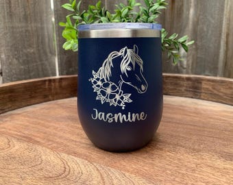 Engraved Horse Wine Tumbler Personalized, Horse Trainer Gift, Horse Lover Gifts For Women, Equestrian Gift, Rodeo Mom Cowgirl Wine Cup