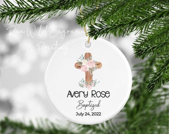 Baptized Ornament, Personalized Baptism Ornament Cross, Baptism Gift Girl Keepsake, Pink Christening Ornament, Baptism Gift From Godmother