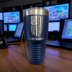 Engraved Dispatcher Tumbler, 911 Emergency Dispatch Gift Personalized With Flag, Stainless Steel Tumbler or Water Bottle
