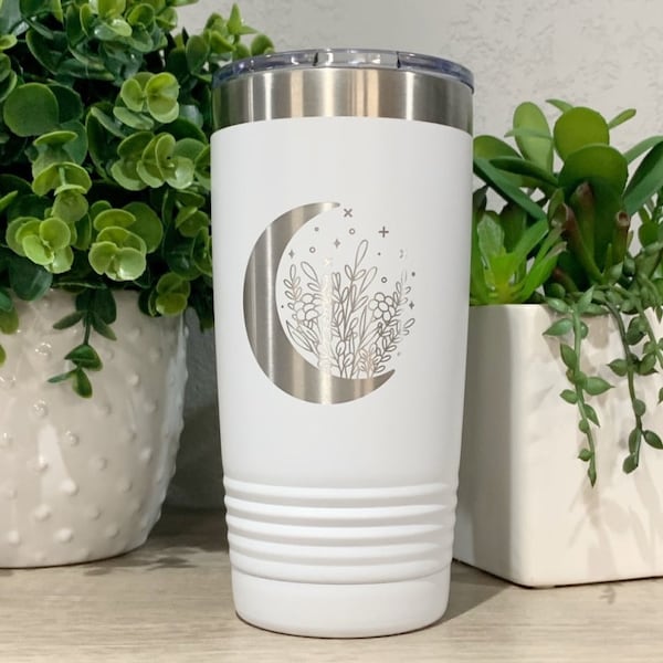 Engraved Crescent Moon Tumbler, Moon Themed Tumbler, Floral Moon Coffee Mug, Celestial Gift, 20oz Insulated Travel Cup With Lid
