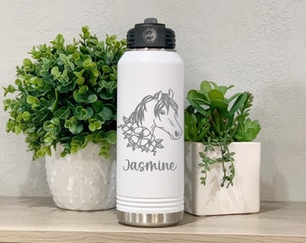 Horse Water Bottle, Equestrian Water Bottle Personalized, Rodeo Water Bottle, Horse Lover Gift, 32oz Engraved With Straw, Insulated Reusable