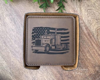 Semi Truck Coaster Set of 6 With Holder, Truck Driver Gift, Leatherette Coasters