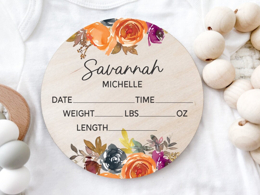 Floral Newborn Name Stat Sign, Baby Girl Birth Announcement, Round Wood ...