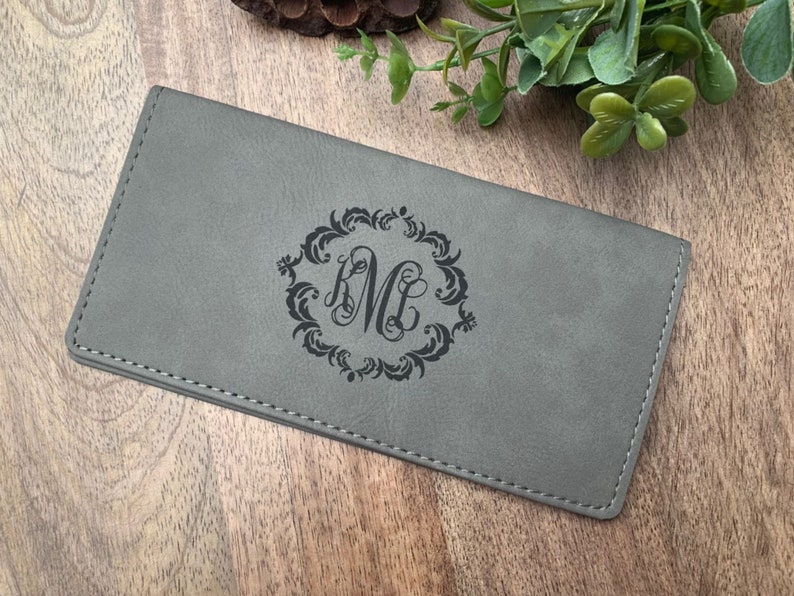 Personalized Monogram Checkbook Cover Vegan Leather Damask Frame Engraved Checkbook Holder Checkbook Wallet Bank Book