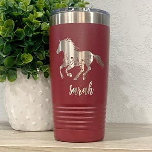 Engraved Horse Tumbler, Personalized 20oz Flower Horse Travel Mug, Horse Gift For Woman, Cowgirl Tumbler, Equestrian Cup, Rodeo Tumbler