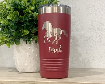 Engraved Horse Tumbler, Personalized 20oz Flower Horse Travel Mug, Horse Gift For Woman, Cowgirl Tumbler, Equestrian Cup, Rodeo Tumbler