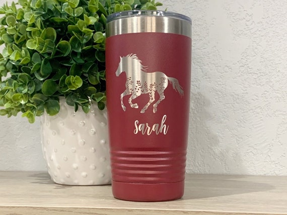 Engraved Horse Tumbler, Personalized 20oz Flower Horse Travel Mug, Horse Gift For Woman, Cowgirl Tumbler, Equestrian Cup, Rodeo Tumbler