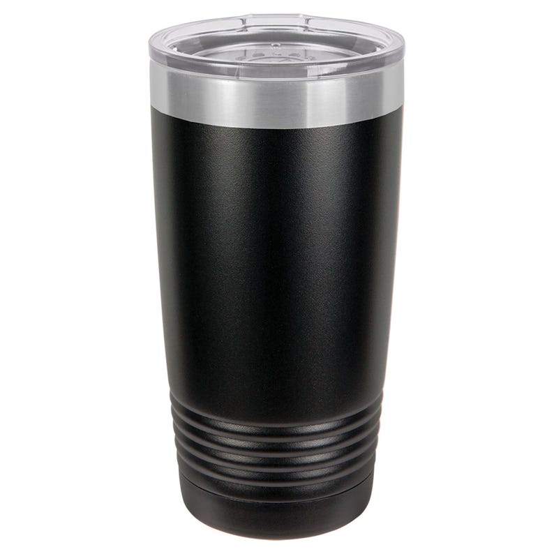 May include: A black stainless steel tumbler with a silver lid. The tumbler has a textured, brushed finish and a double-wall design for insulation.