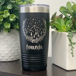 Engraved Hiking Tumbler With Trees And Mountain, Outdoor Nature Travel Mug Personalized, Camping Tumbler, 20oz or 30oz Insulated Coffee Cup