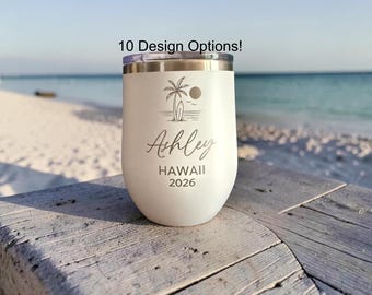 Vaso para viaje de chicas, vaso de vino para vacaciones, vaso de vino con palmera, vaso de playa personalizado de 355 ml, viaje de despedida de soltera