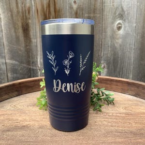 Engraved Floral Tumbler Personalized, Simple Bridesmaid Cup, Modern Teacher Gift, Insulated Stainless Steel Bachelorette Skinny Tumbler