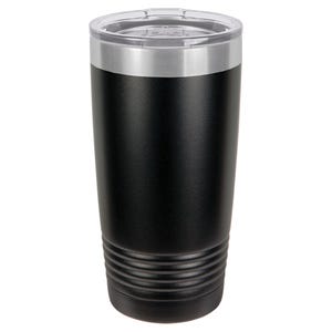 May include: A black insulated tumbler with a clear lid and a silver rim. The tumbler has a cylindrical shape with a textured, matte finish. The bottom of the tumbler features a series of horizontal ridges.