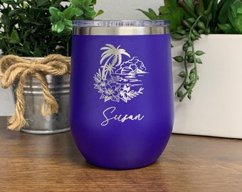 Beach Vacation Wine Tumbler, Palm Tree Wine Tumbler, Girls Trip Gift Idea, Beach Cup Personalized 12oz, Bachelorette Trip, Laser Engraved