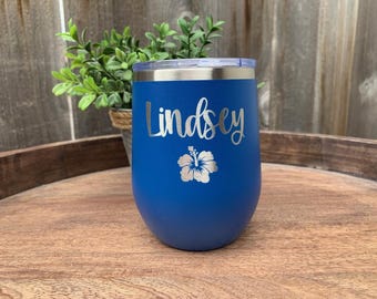 Vacation Wine Tumbler, Hibiscus Tumbler, Girls Trip Gift Idea, Beach Cup Personalized 12oz, Bachelorette Trip, Tropical Vacation