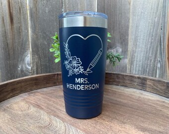 Engraved Teacher Tumbler, Floral Heart Pencil Teacher Gift With Name, New School Year, Gift For End Of Year Personalized, Christmas Gift