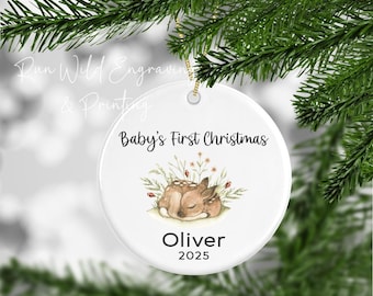 Baby's First Christmas Deer Ornament, Forest Animal, New Baby Ornament, Cute Animal, Personalized Kids Ornament, Ornament UV Printed