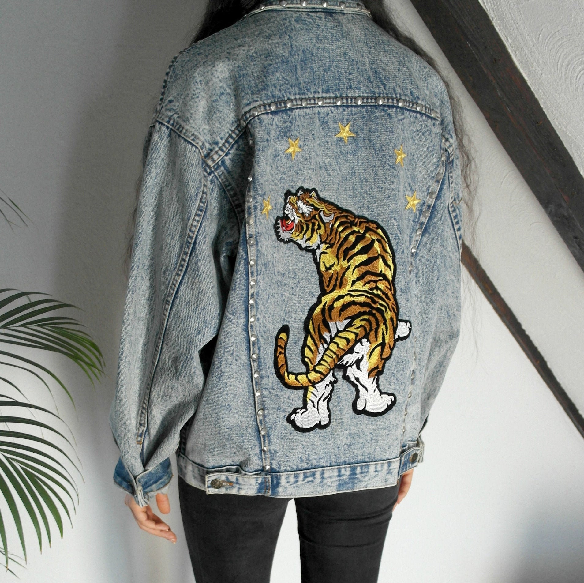 Reworked Vintage Denim Jacket Patches Studs Oversized Patch Etsy
