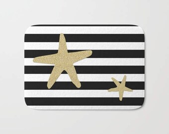 Nautical Starfish Bath Mat Personalized Stripped Black White bathroom Beach Modern Boat Cute Fish Homeboat Gift Sailor Woman Kids Man