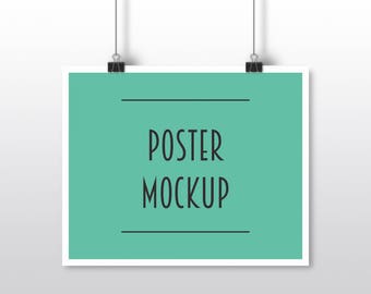 Horizontal Poster Mockup Paper Clips Hanging Mockup Horizontal Mockup Landscape Mockup Poster Simple Grey Artwork Mockup
