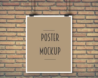 Download Stock Mockup Mockup Poster Artwork Photography Painting Hanging Strings Paper Clips Brick Wall Background Neutral Download 3d Product Mockup Designer PSD Mockup Templates