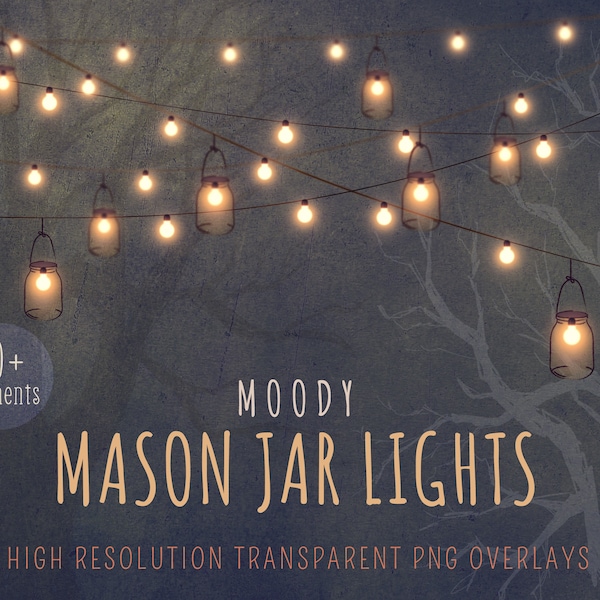 Fairy lights, mason jars, light strings, clipart, illustrations, moody, warm, hanging jars, garlands, twinkle lights, trees, wood, DOWNLOAD