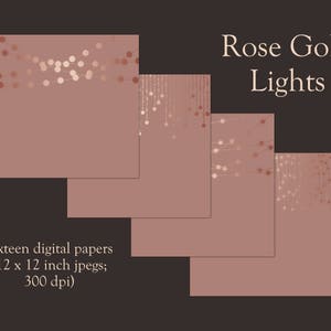 Pode incluir: Dezesseis papéis digitais com um design de luzes de ouro rosa sobre um fundo rosa empoeirado. Cada papel mede 30,48 cm por 30,48 cm e 300 dpi.