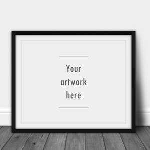 May include: A black picture frame with a white mat and the text "Your artwork here" in the center.