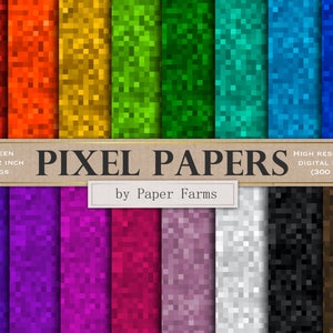 May include: Sixteen digital pixel papers in various colours, each 30.48 x 30.48 cm. The image displays a spectrum of colours, including red, orange, yellow, green, blue, purple, and brown. The text "PIXEL PAPERS" is displayed with the text "by Paper Farms".