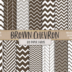May include: Fourteen 12x12 inch digital paper designs featuring brown and white chevron patterns. High resolution (300 DPI). Brown Chevron by Paper Farms.