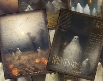 May include: A set of printable Halloween digital papers featuring a haunted house with a ghost, a moonlit forest with ghosts, and a spooky message that reads "The Spell Has Begun". The papers are designed for 8.5 x 11 inch pages.