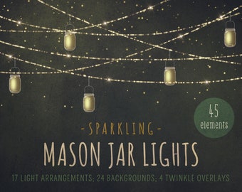 Mason jar lights clipart, mason jars, string lights, fairy lights, overlay, overlays, clipart, light strings, fireflies, sparkling, DOWNLOAD