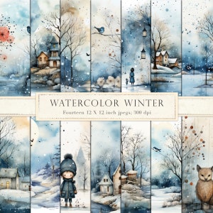 Papel digital de invierno acuarela, invierno caprichoso, escena de invierno, agua linda, árboles desnudos, hielo, pájaros, papel de álbum de recortes, azul, DESCARGA INSTANTE