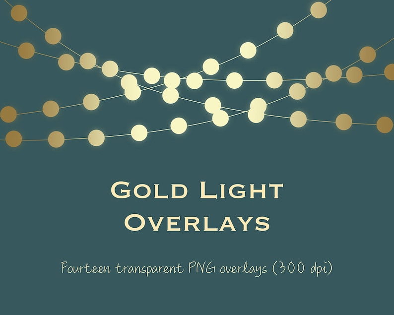 Gold light clipart, gold string lights clipart, gold light overlays, gold bokeh, gold fairy lights, metallic light, metallic bokeh, DOWNLOAD image 1