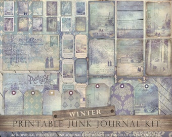 Shabby winter junk journal kit, cool winter, vintage winter, winter colors, collage sheets, moonstones, teal, blue, winter scenes, DOWNLOAD