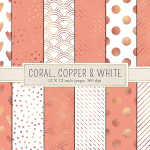 May include: A set of 12 digital paper patterns in coral, copper, and white. The patterns include hearts, polka dots, waves, stripes, and more. Each pattern is 12 x 12 inches and 300 dpi.