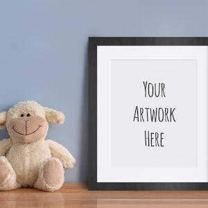 Kid's room mockup, frame mockup, kids, children, toy, teddy bear, pastel, black frame, blue, art mockup, mock up, digital, frame, DOWNLOAD