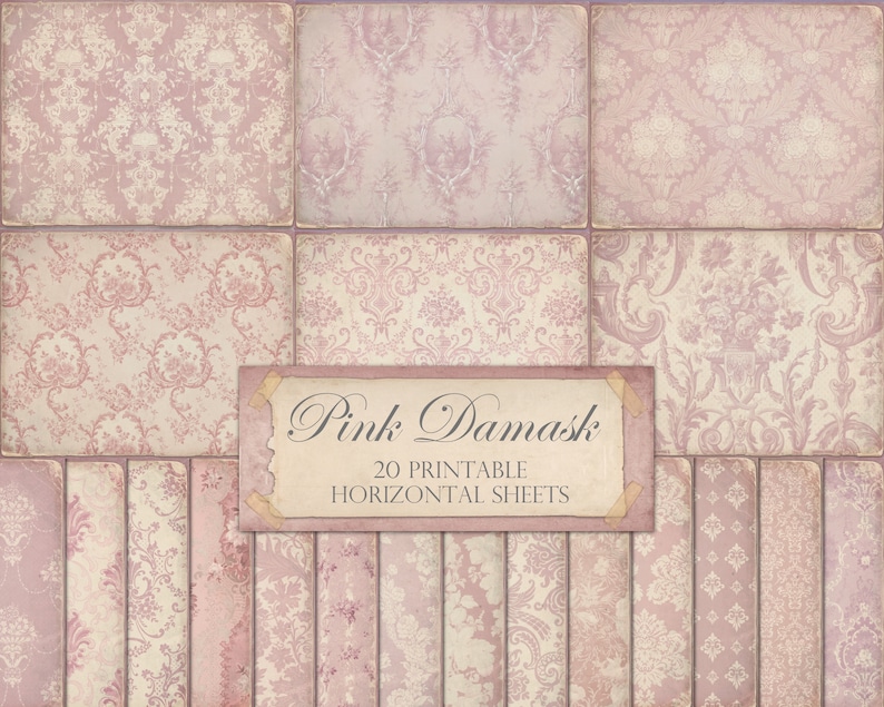 May include: A set of 20 printable digital papers featuring a pink damask pattern. The papers are horizontal and perfect for scrapbooking, card making, and other craft projects.