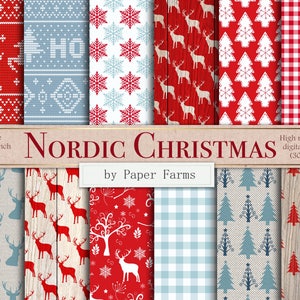 Carta digitale di Natale nordico, carta scrapbook di Natale nordico, scandinavo, maglia, rustico, legno, renna, plaid, 12 x 12, SCARICA